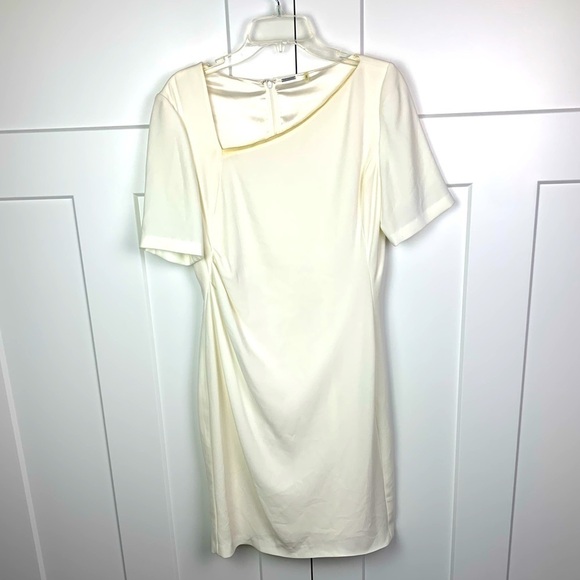 Elie Tahari size 10 ivory white drape sheath dress square neck leather trim - Picture 1 of 10